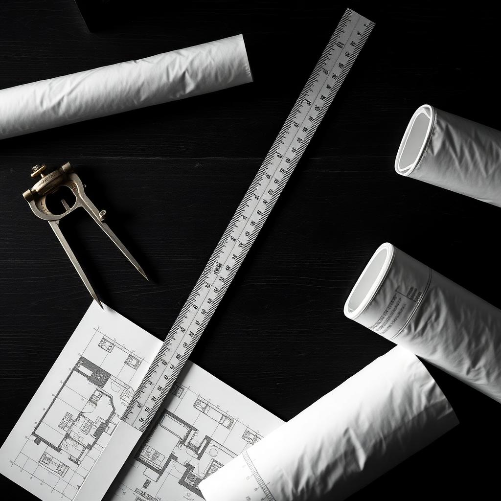 Black and white overhead photograph of architectural drafting tools — brass compass, ruler, and blueprints on dark wood