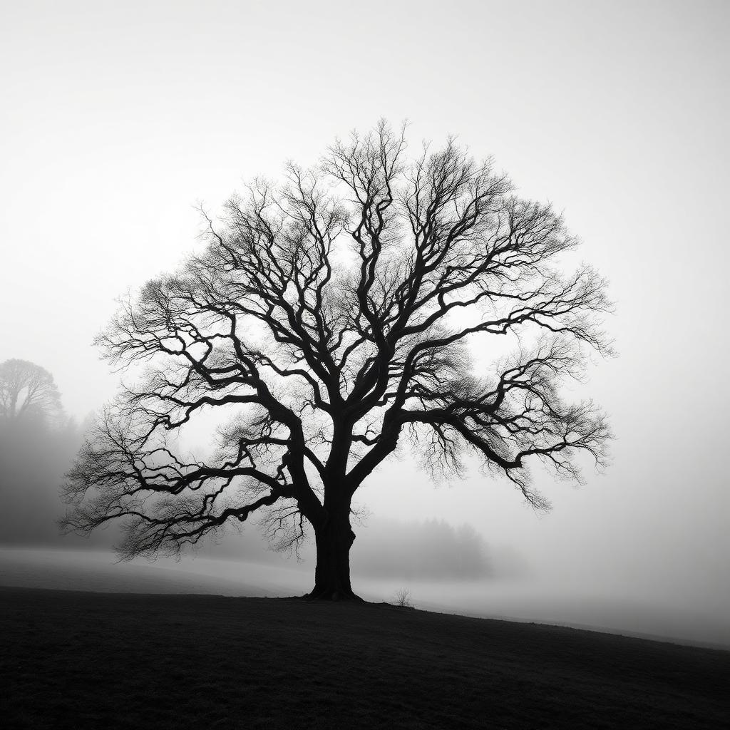 Black and white photograph of a solitary oak tree on a misty New England hillside