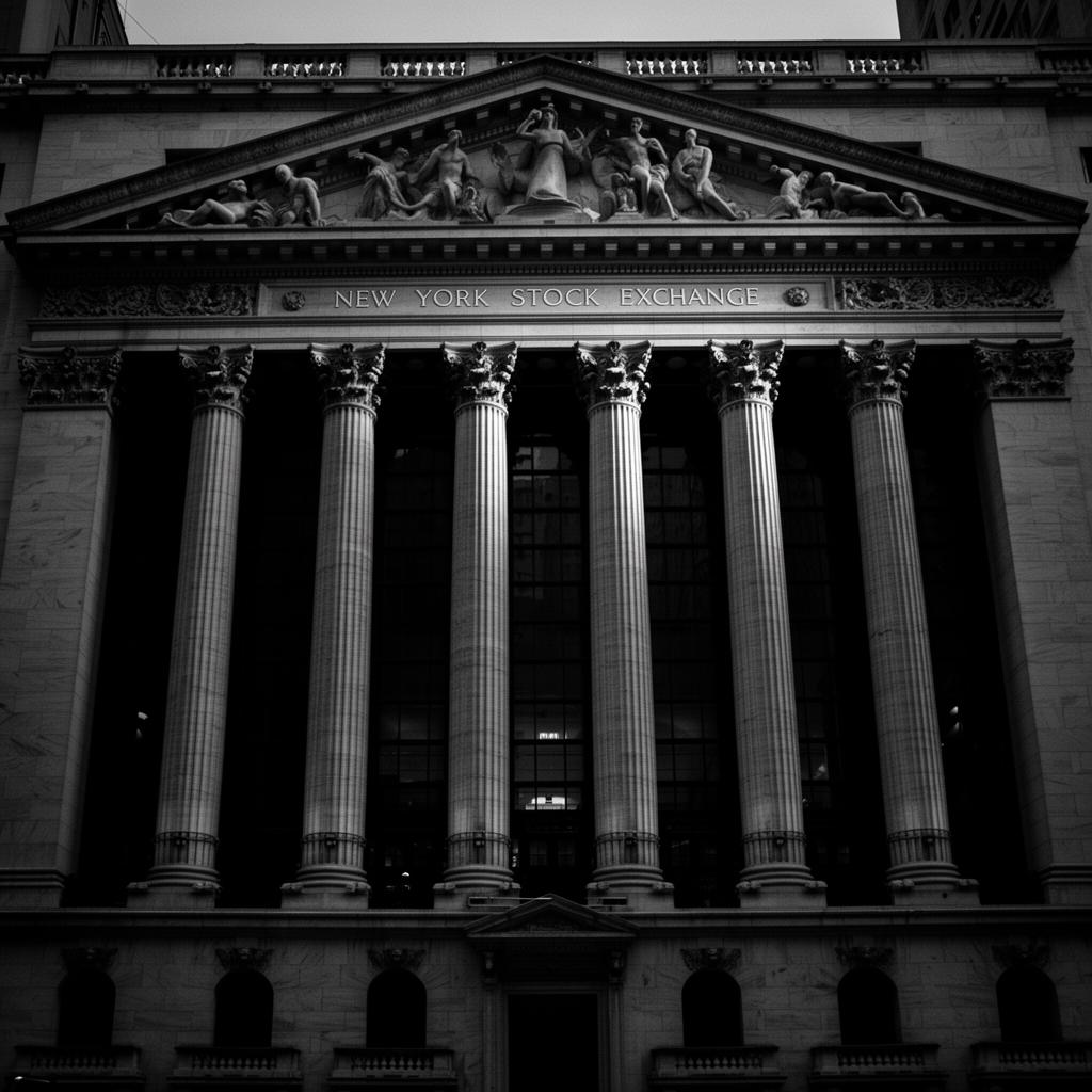 Black and white photograph of the New York Stock Exchange facade with classical columns at dawn