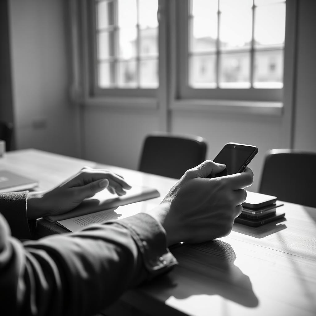 Black and white photograph of a young professional's hands holding a notebook and smartphone at a sunlit desk