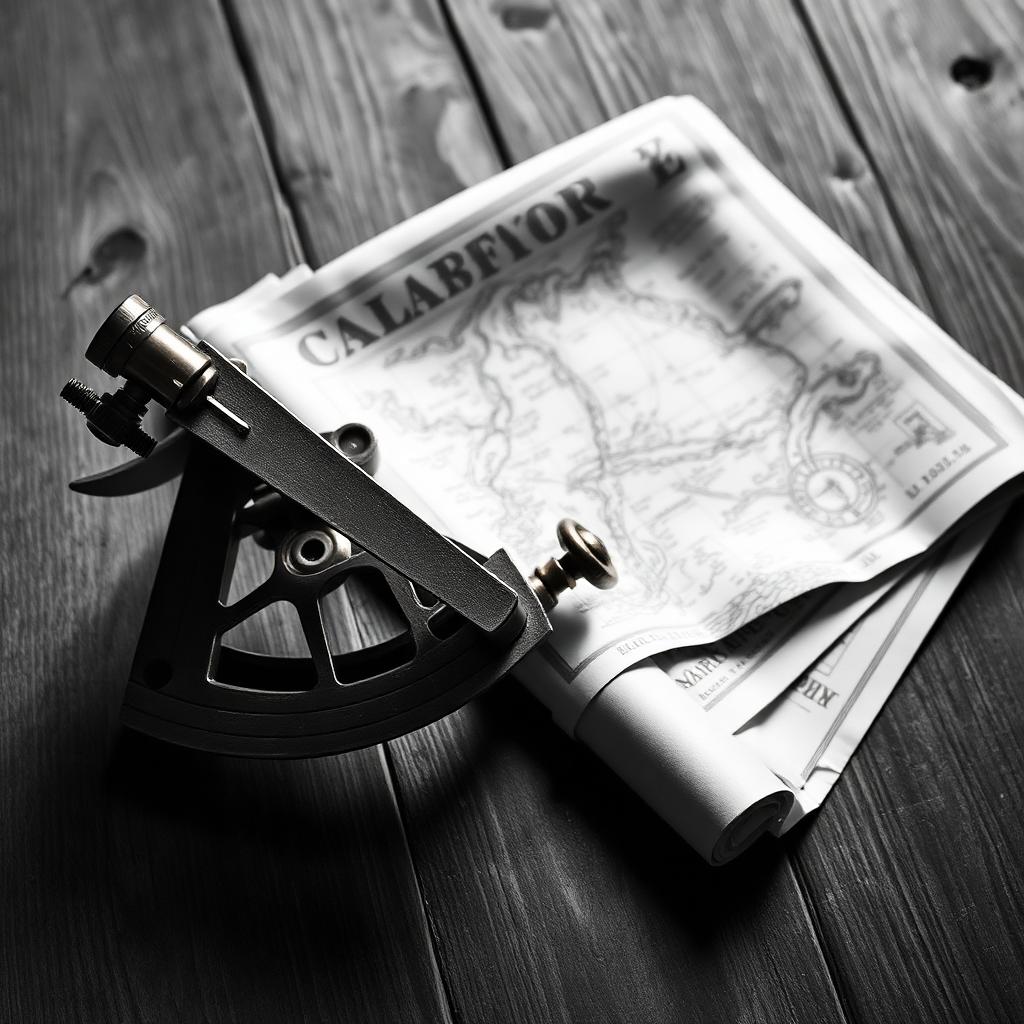 Black and white photograph of an antique brass sextant and nautical chart on a weathered wooden table