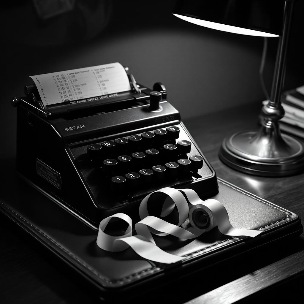 Black and white photograph of a vintage adding machine with paper tape on a leather desk blotter